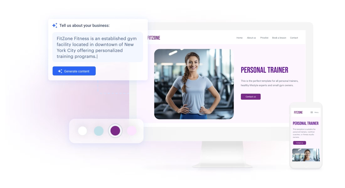 AI prompt describing a fitness studio and the generated personal trainer website on desktop and mobile