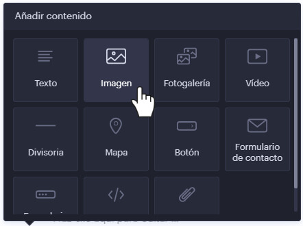 Menú de contenido del creador web online Webnode