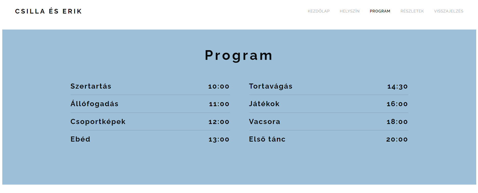 Esküvői weboldal példa - Esküvői programtervezet