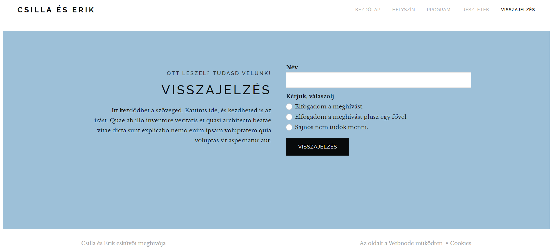Esküvői weboldal példa - Űrlap a részvétel visszaigazolására