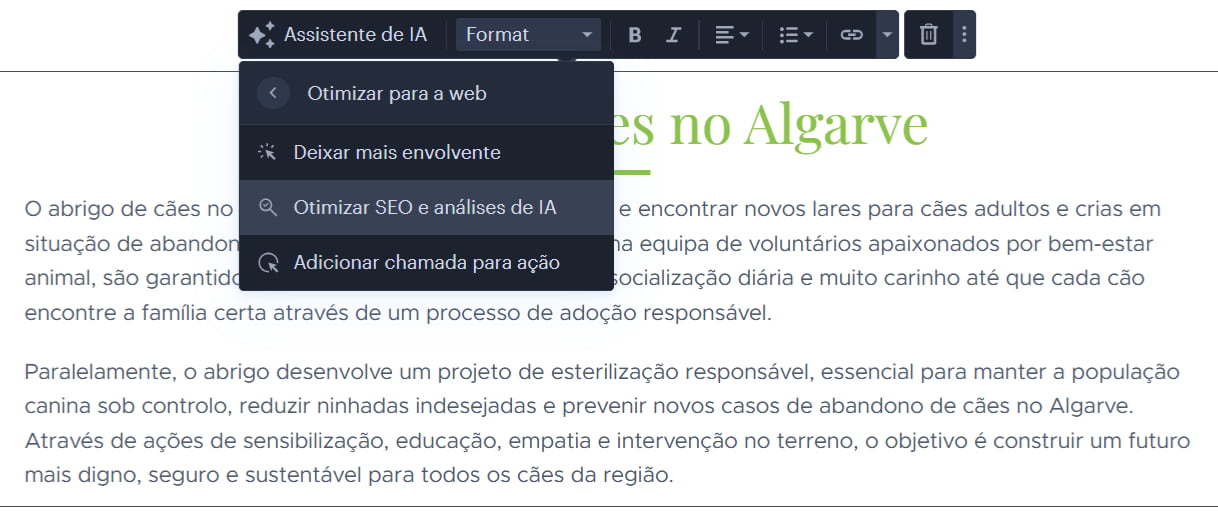 Otimização SEO e GEO de conteúdos com o Assistente de IA da Webnode