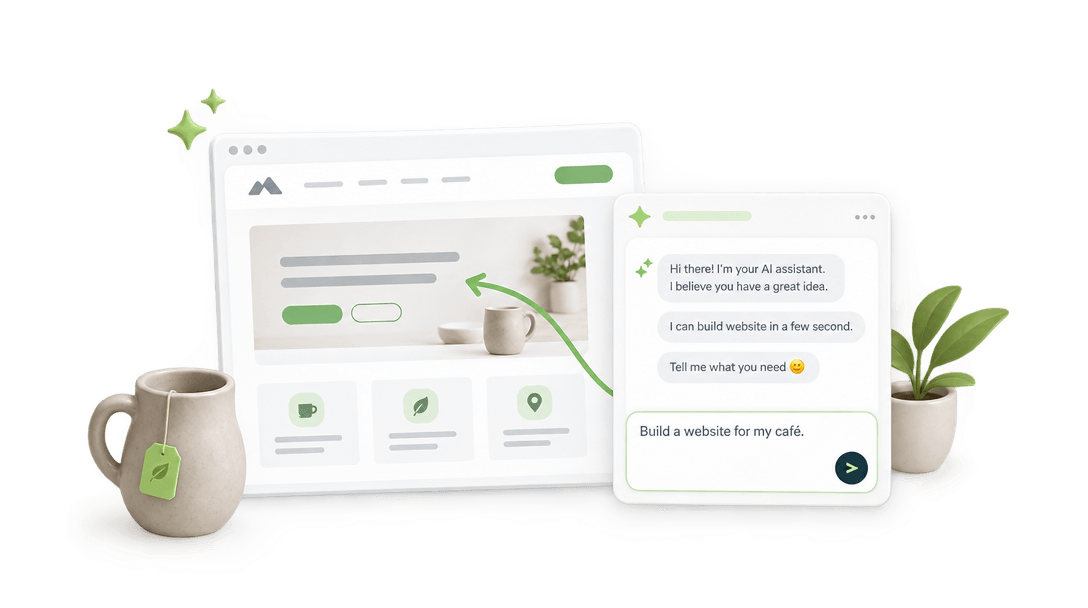 AI chat prompt “Build a website for my café” next to the generated café website preview