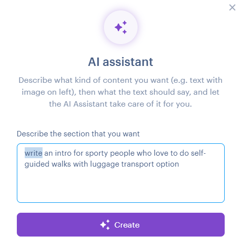 AI assistant for creating content sections and pages in the Webnode editor