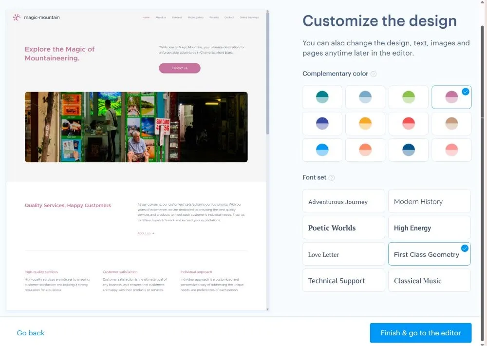 AI website builder interface to customize the selected design
