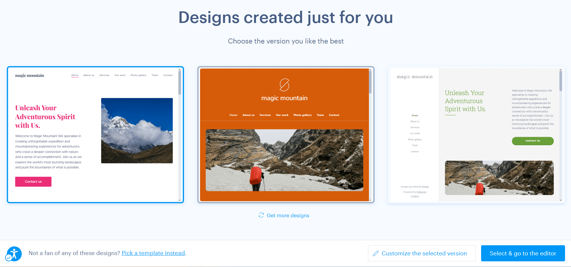 Website templates suggested by Webnode’s AI Builder