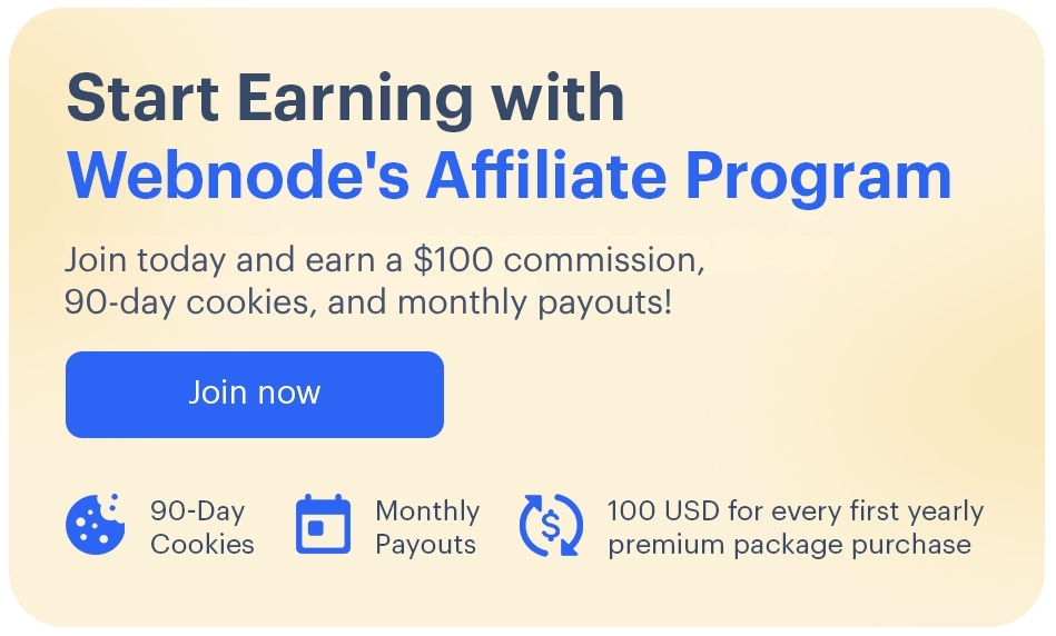 Webnode Affiliate Program banner with monthly payouts and 90-day cookies