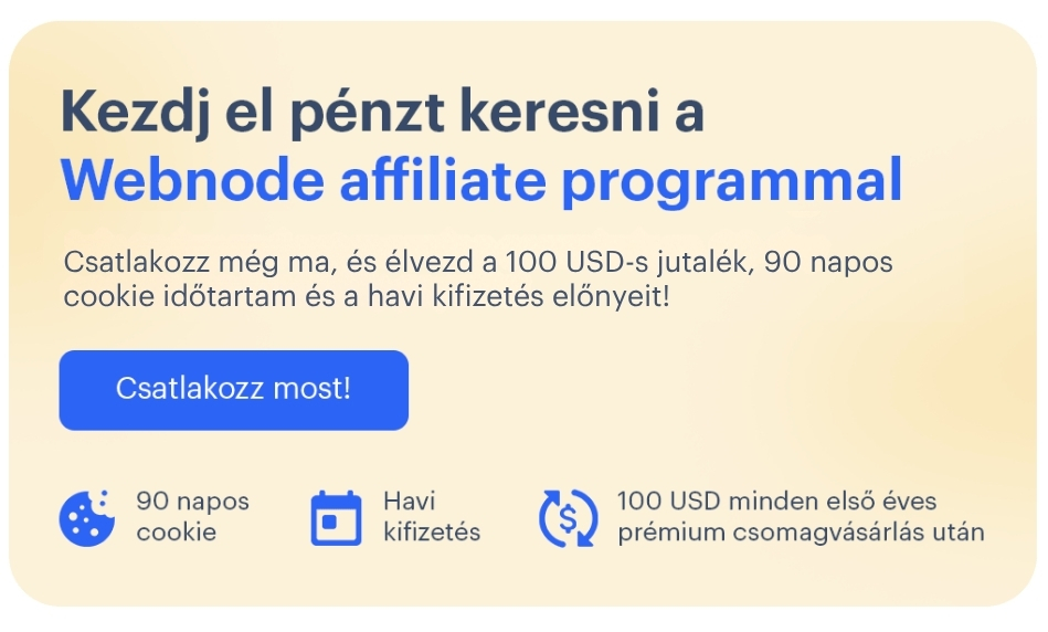Webnode partnerprogram banner havi kifizetés és 90 napos cookie-val.