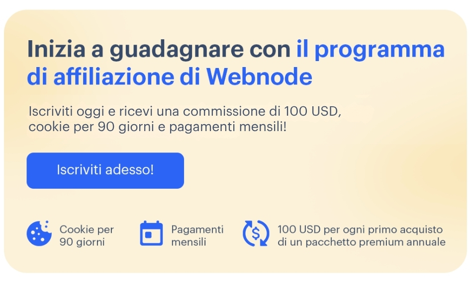 Banner del programma di affiliazione Webnode con pagamenti mensili e cookie di 90 giorni