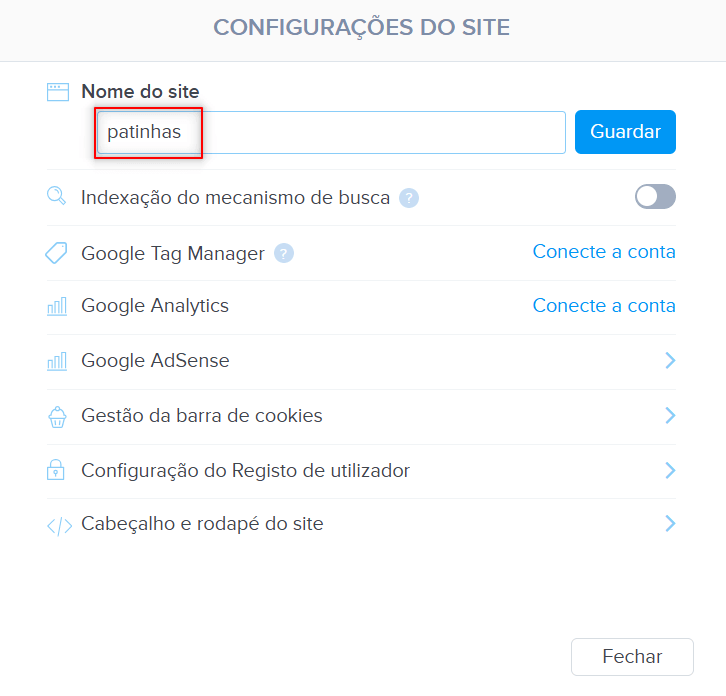 Alteração do nome do site
