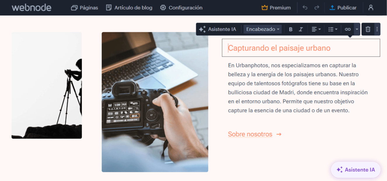 El asistente de IA de Webnode editando un sitio web de fotografía