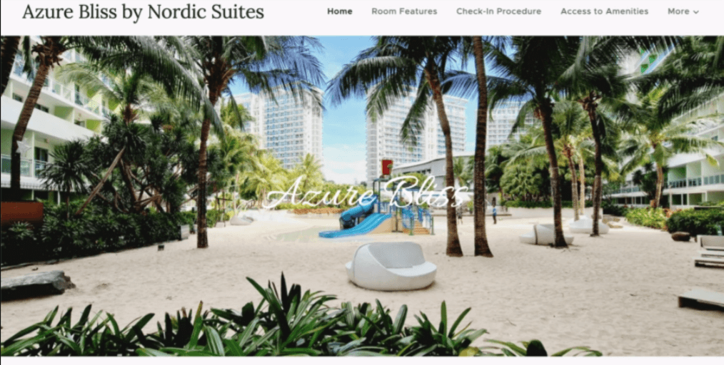 Képernyőkép az Azure Bliss oldaláról. Egy szállodai weboldal, amely a Webnode hotel weboldal sablonjaival készült.