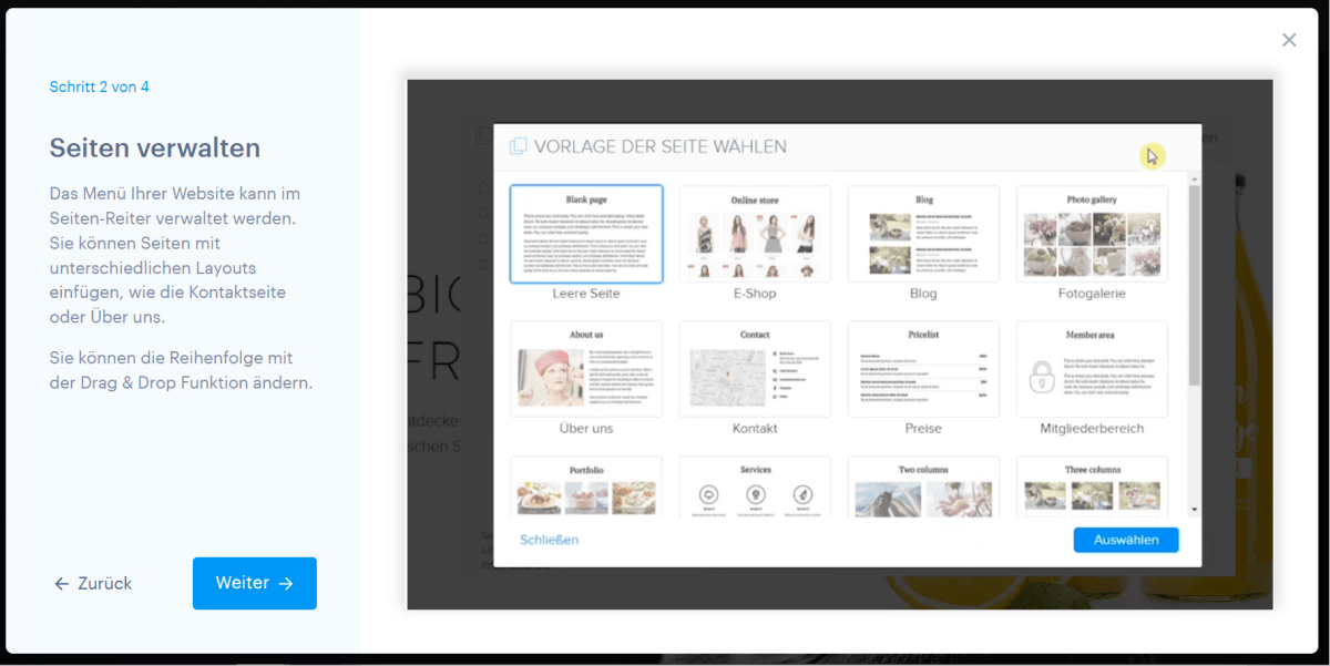 Webnode Onboarding Tool Schritt 2