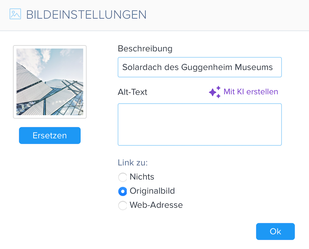 Bildeinstellungen im Webnode Editor, um Bildverlinkungen zu setzen.