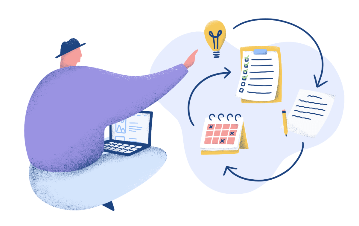 personnage assis en pull violet en contrôle de ses plans pour organiser et programmer toutes les étapes de l'idée au texte écrit