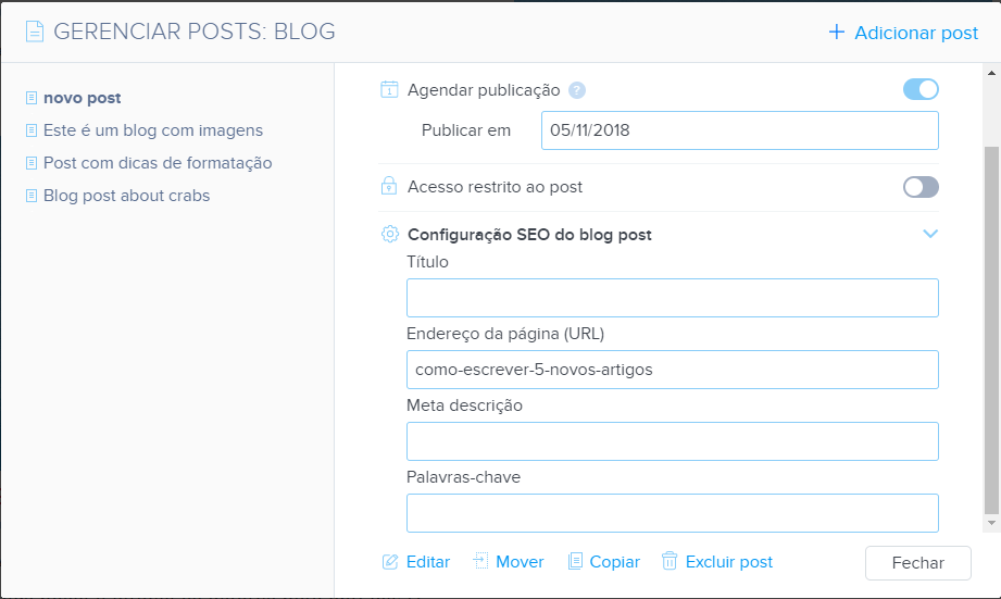 Configurações SEO dos artigos na Webnode