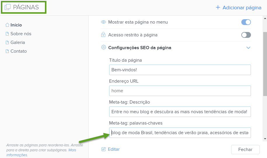 SEO - Configurando palavras-chave com Webnode