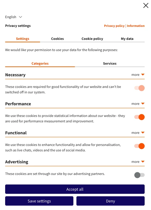 Example of a website cookie consent and privacy settings with CookieFirst