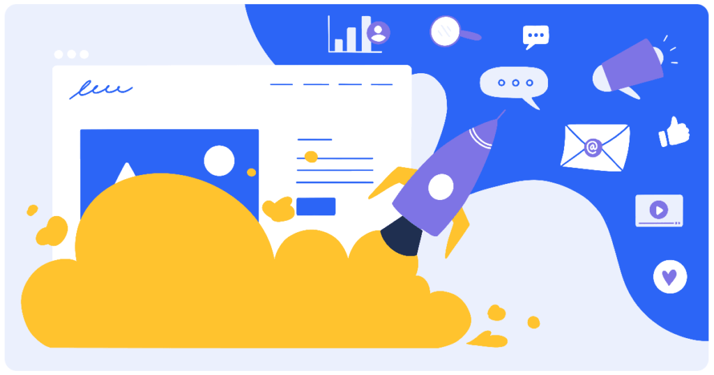 Ilustración que muestra el crecimiento de una página web gracias al marketing digital, con un gráfico ascendente e iconos relacionados con el marketing online