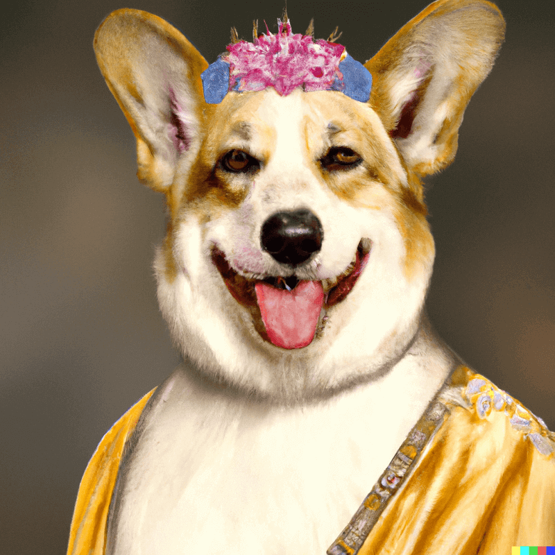 Examples of art created with Dall e, Queen Elisabeth as a Corgi
