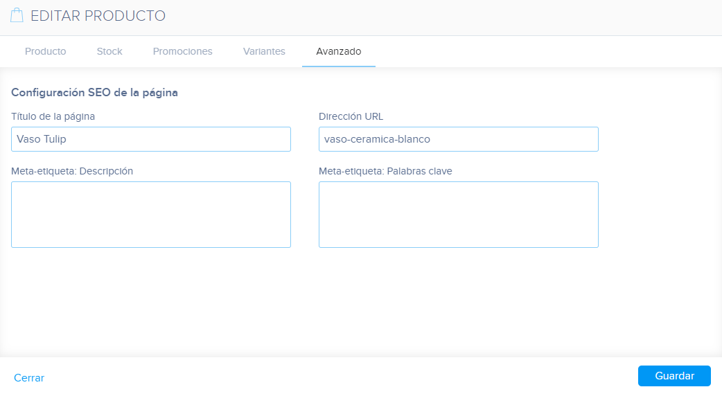 Configuración SEO del producto en Webnode