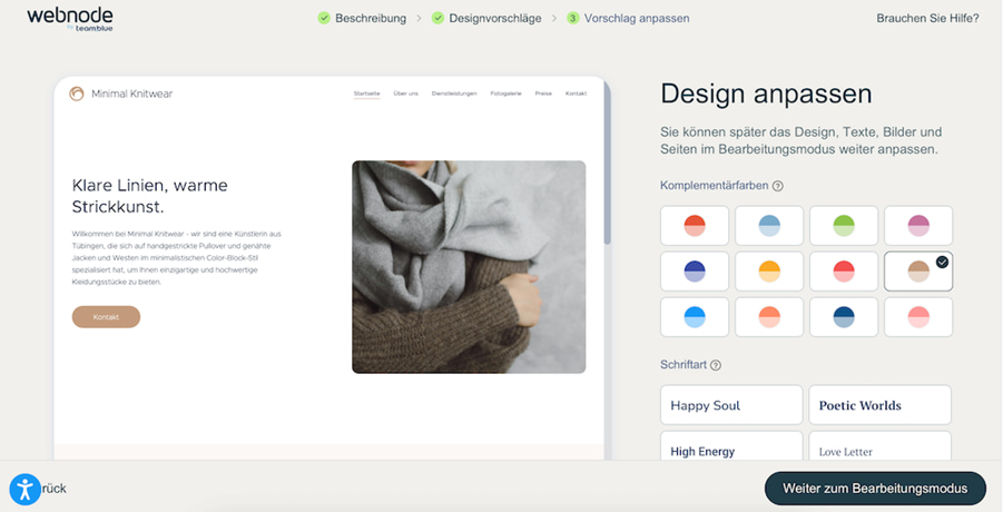 Designvorlage anpassen durch die Wahl von Kontrastfarben und den Schriftstil in Webnodes KI-Website-Builder