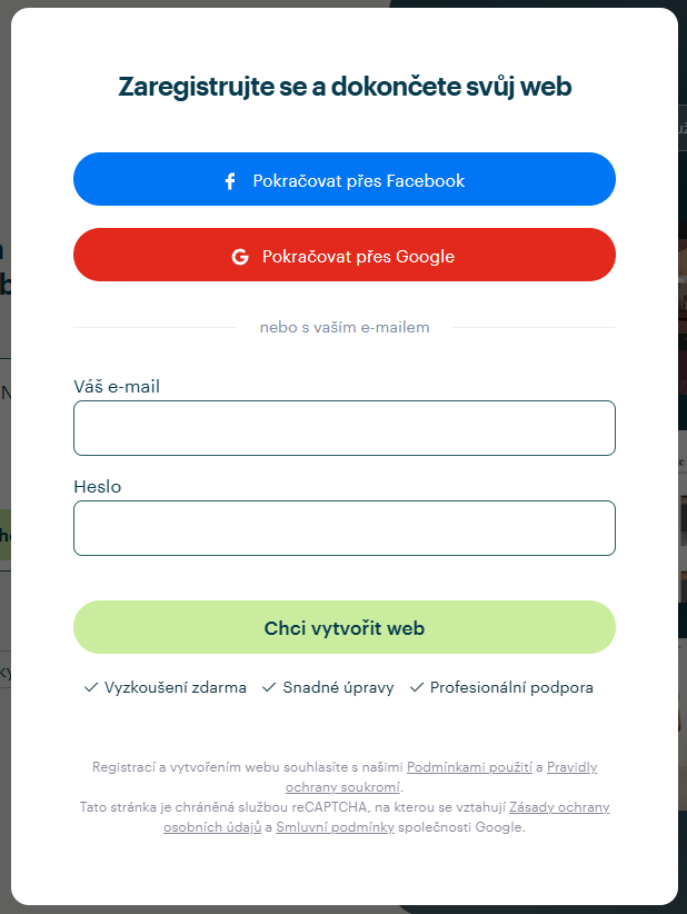 Dokončení registrace na Webnode