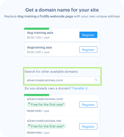 Webnodes domain registration step showing domain suggestions and prices.