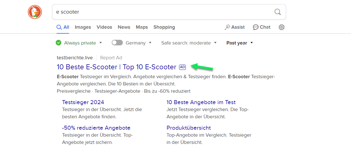 SERP für E-Scooter auf Bing