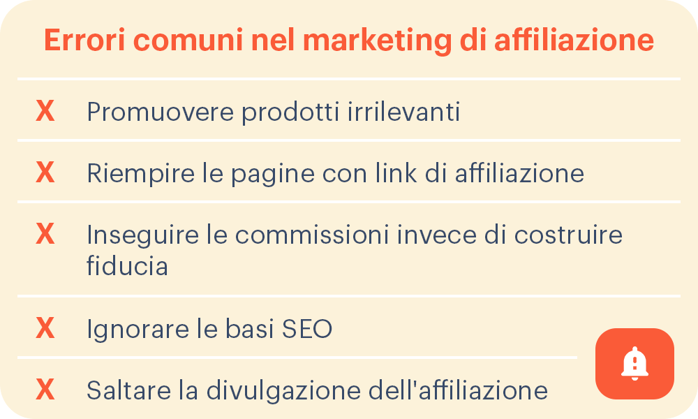 Errori comuni da evitare nel marketing di affiliazione, mostrati in un elenco