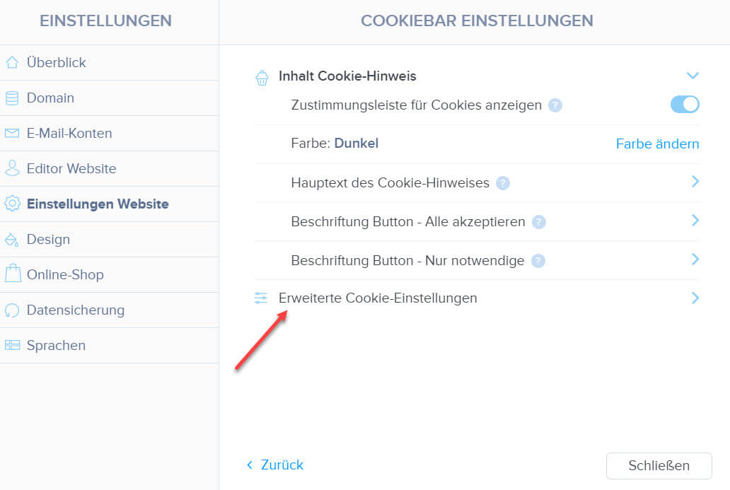 Erweiterte Einstellungen der Cookieleiste