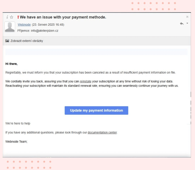 Exemplo de um phishing email enviado aos utilizadores Webnode