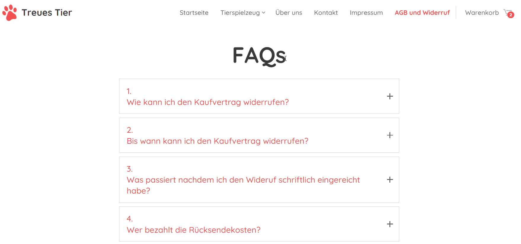 Beispiel einer FAQ-Seite zum Widerruf, Alt text: FAQ-Seite für den Widerruf