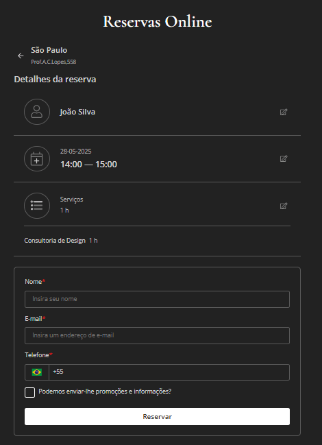 Formulário de reservas Simplybook.me