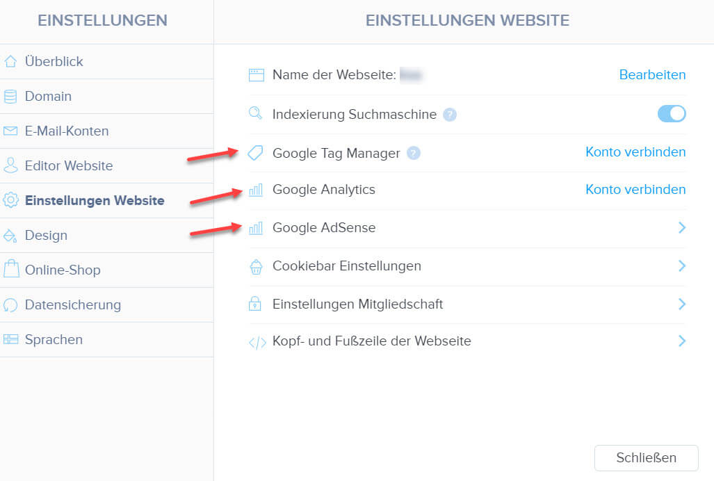Google Tools in den Website Einstellungen