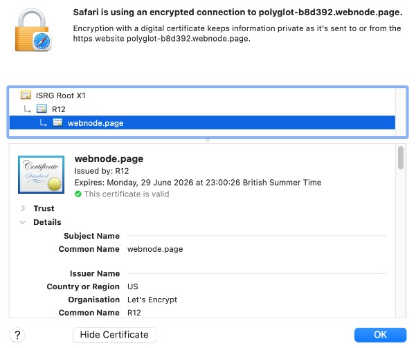 Example of an SSL security certificate in a web browser.