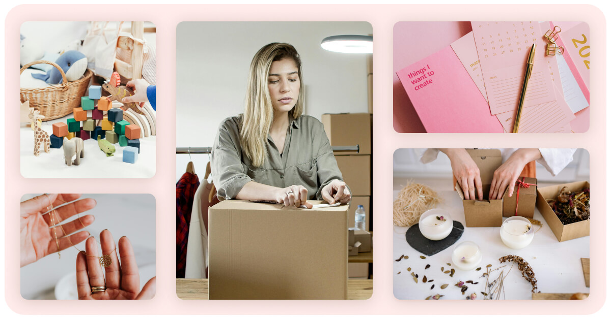 Grid collage showcasing different categories of handmade products to sell online