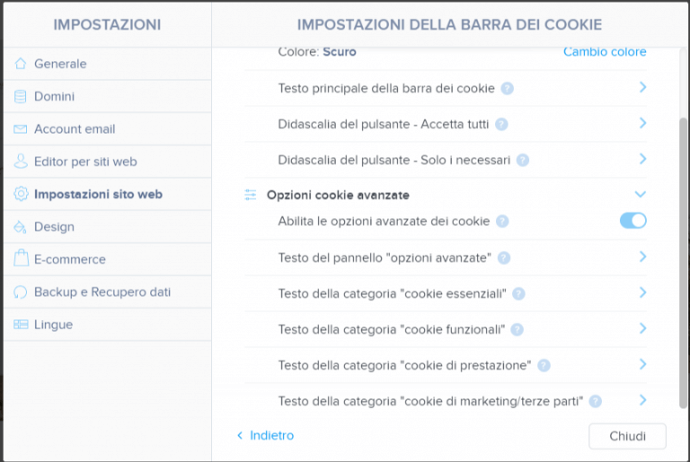 Impostazioni della barra dei cookie del Webnode