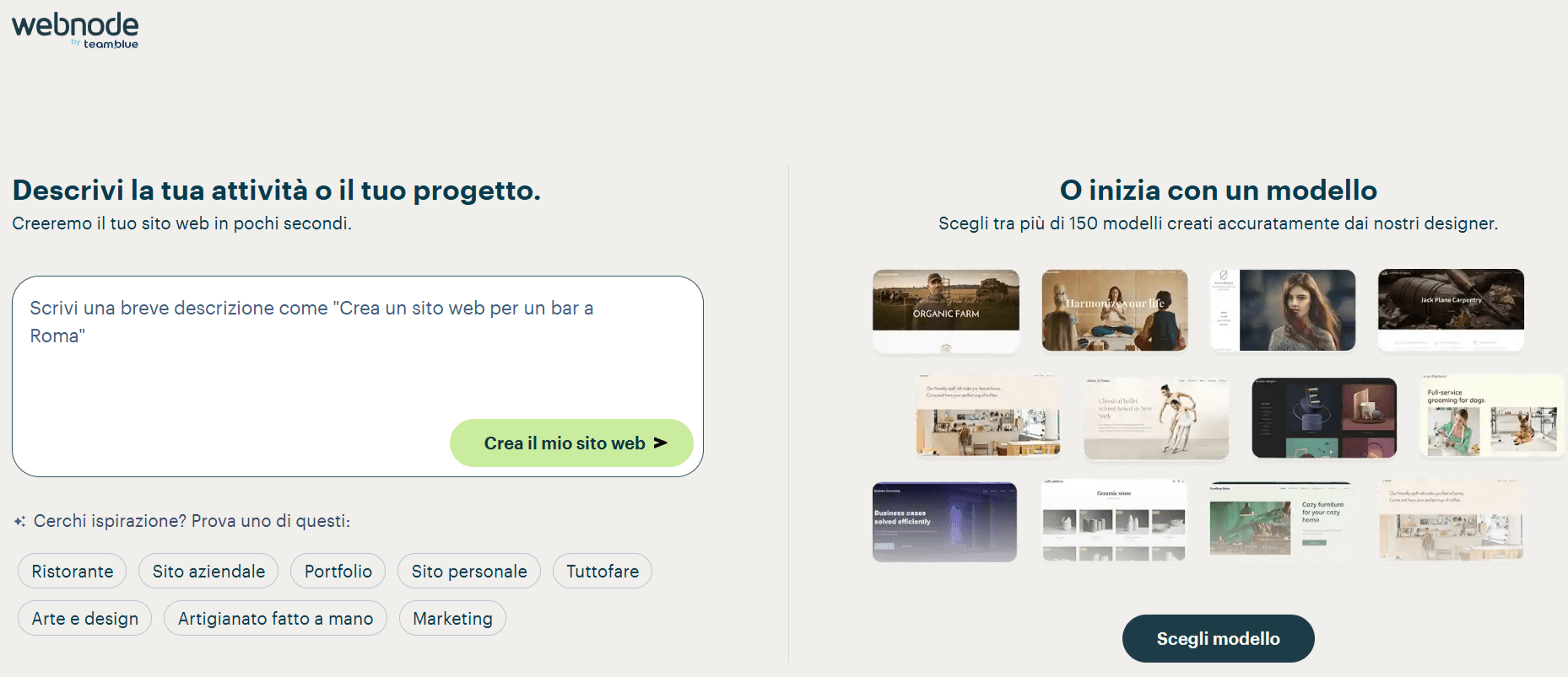 Input del prompt di Webnode - Descrivi la tua attività o il tuo progetto.