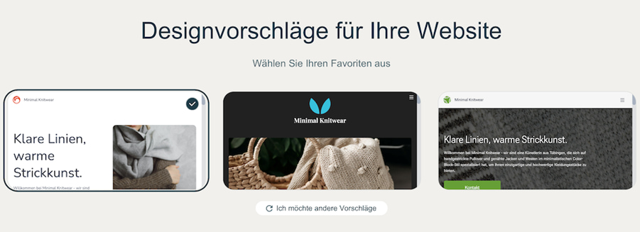 Von KI-generierten Vorschlägen für Website Vorlagen wählen