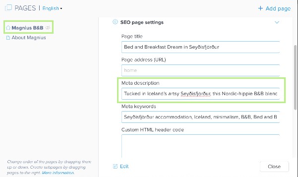 Webnode dashboard showing where to add a meta description.