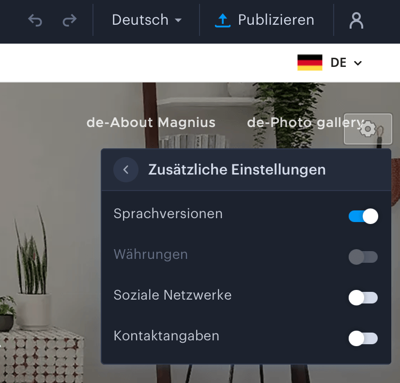 Zusätzliche Einstellungen der Website-Navigation und Kopfzeile