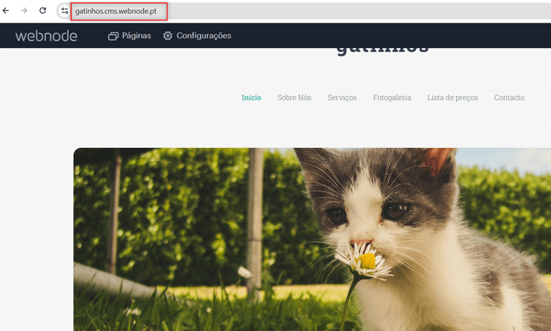 O nome do projeto na URL no editor Webnode