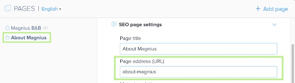 Webnode editor showing a page URL field in the dashboard