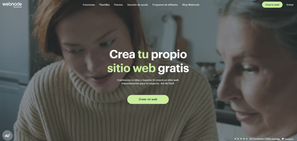 Página de inicio de Webnode invitando a «crear tu página web gratis en segundos»