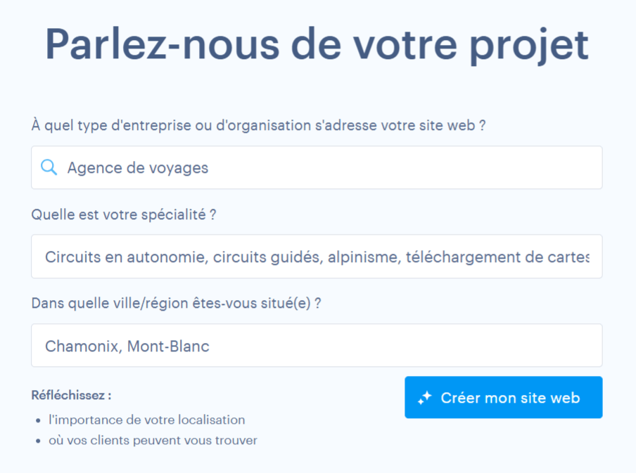 Exemple de brève description du sujet d'un site web de voyage