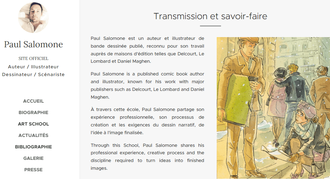 Exemple de site d'un auteur et illustrateur présentant son portfolio et ses cours en ligne