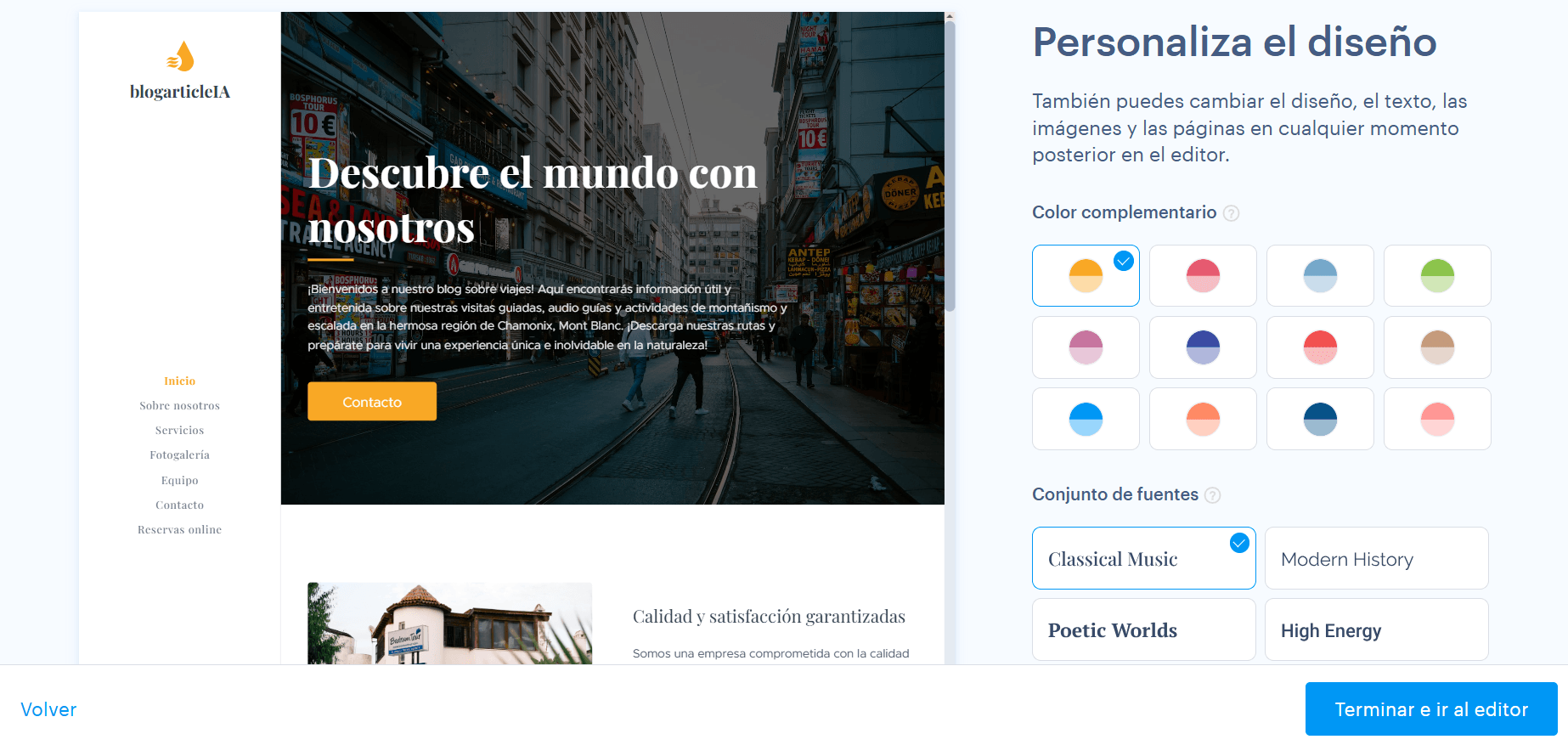 Interfaz de Webnode IA para personalizar el diseño del sitio web