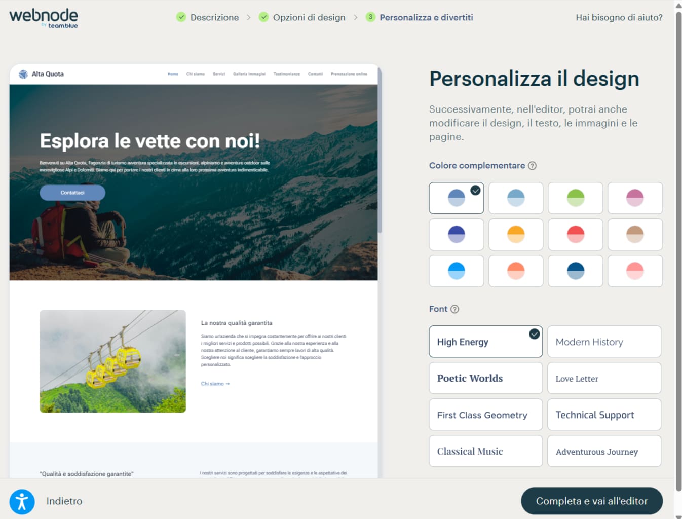 Interfaccia di creazione di siti web basata sull'intelligenza artificiale per personalizzare il design selezionato