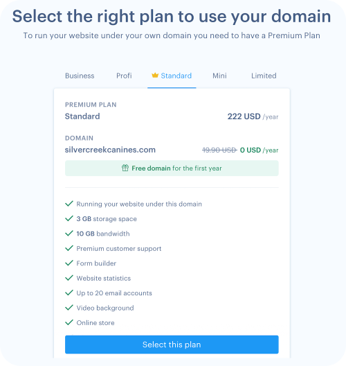 Domain checkout step with Webnode: Premium Plan suggestions.