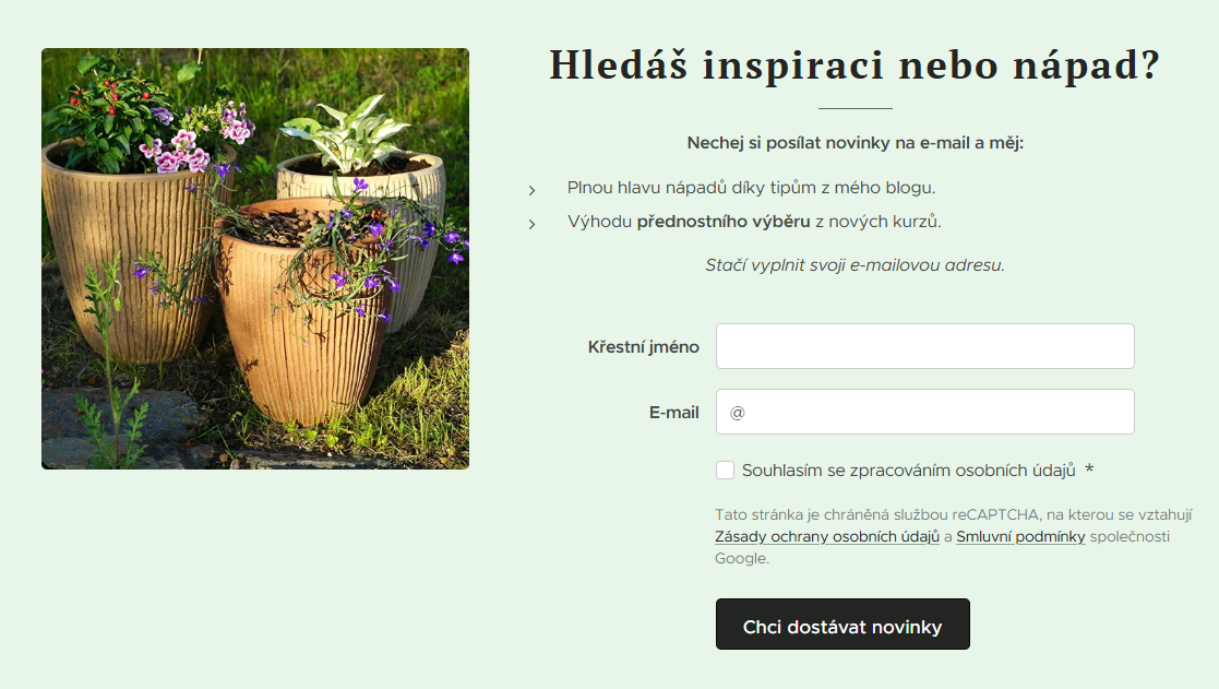 Příklad formuláře pro přihlášení k newsletteru od Webnode: keramikas.cz